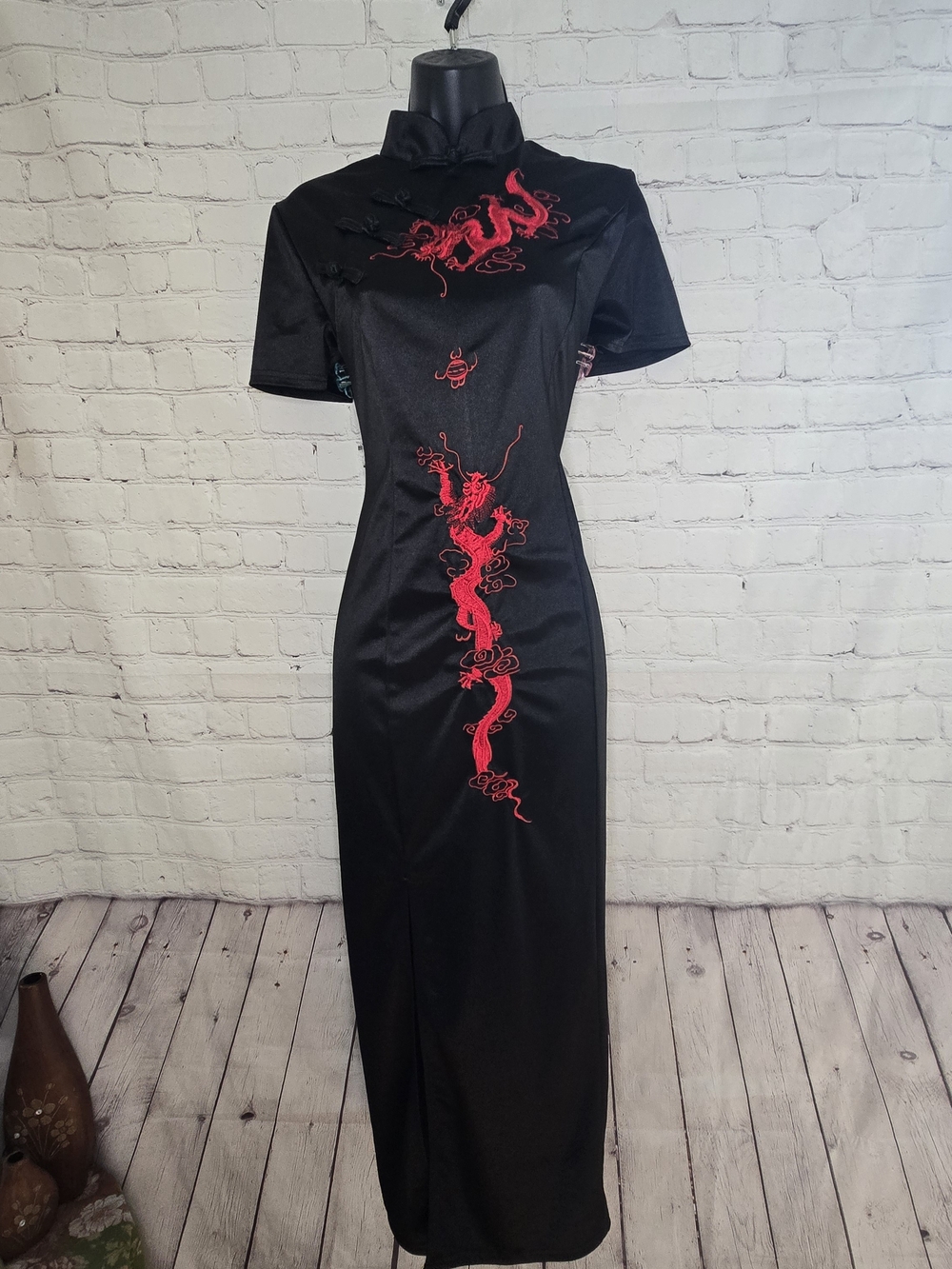 Black Maxi Dress with Red Dragon Embroidery